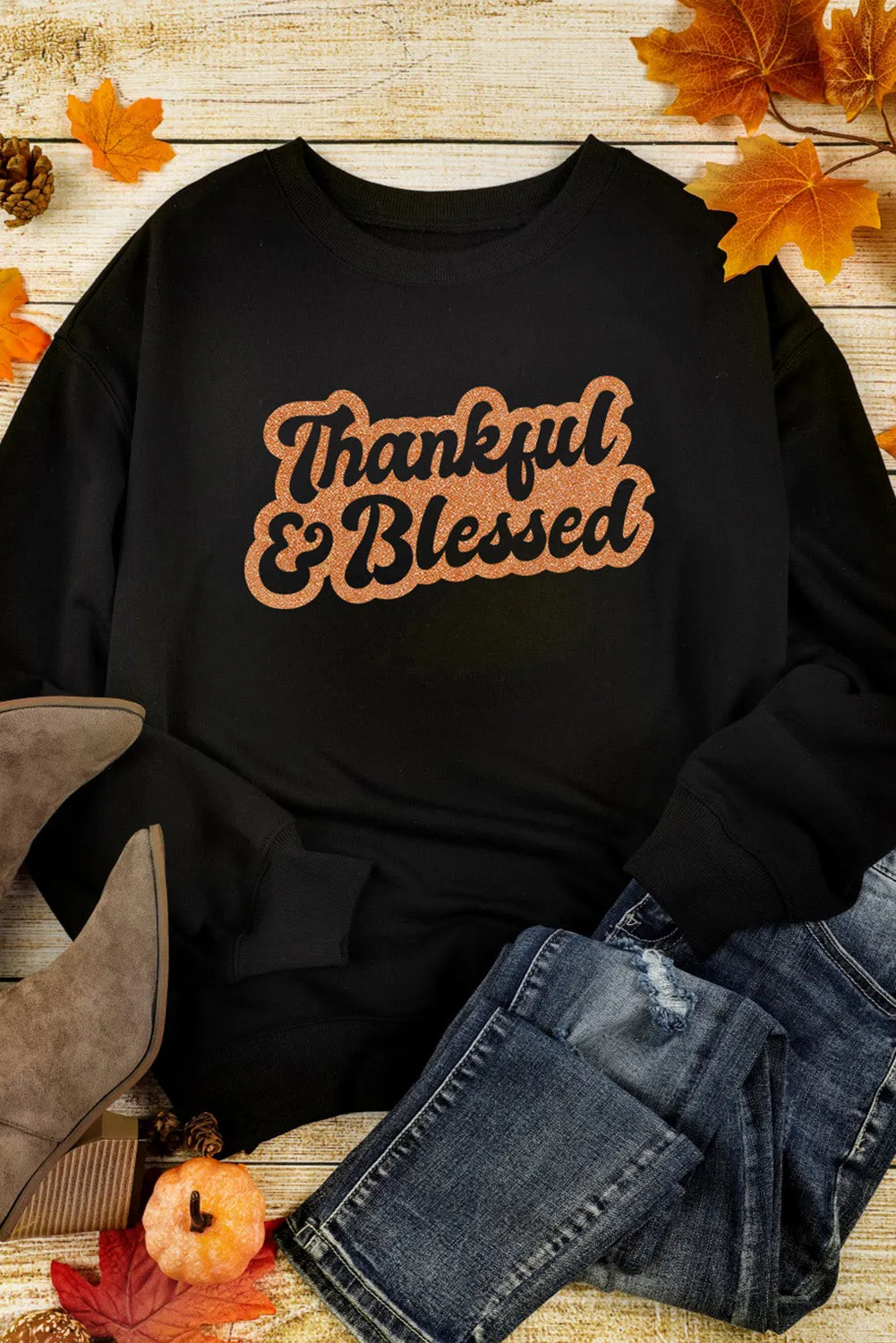 Black Thankful & Blessed Long Sleeve Pullover Sweatshirt