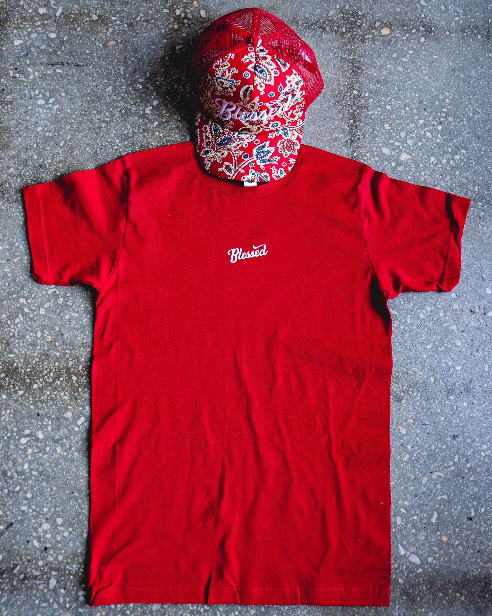 Blessed Adult Box T-Shirt & Red Paisley Trucker Bundle