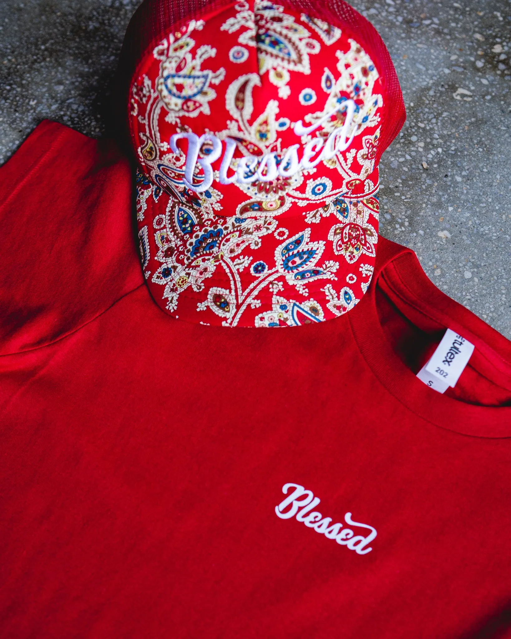 Blessed Adult Box T-Shirt & Red Paisley Trucker Bundle