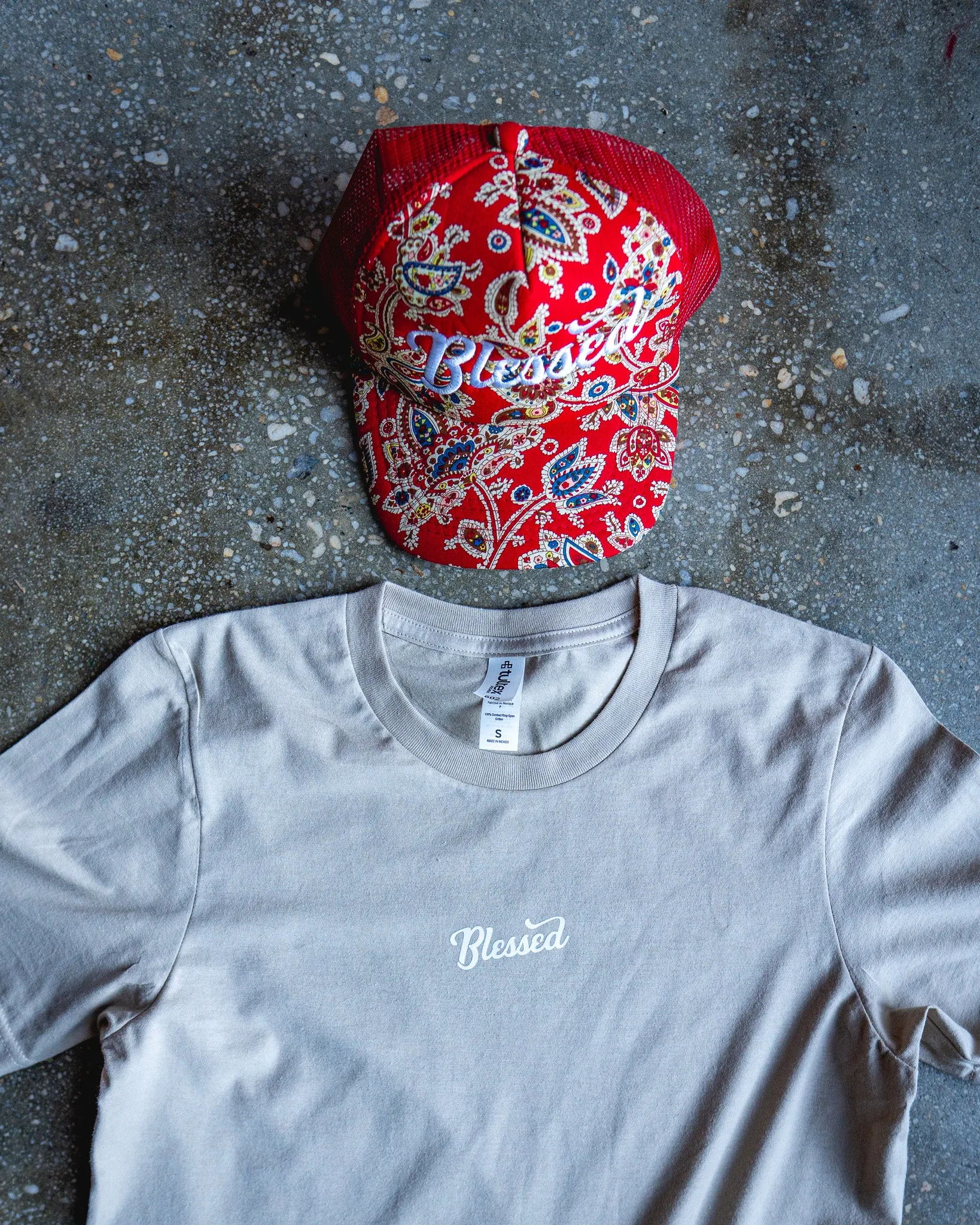 Blessed Adult Box T-Shirt & Red Paisley Trucker Bundle