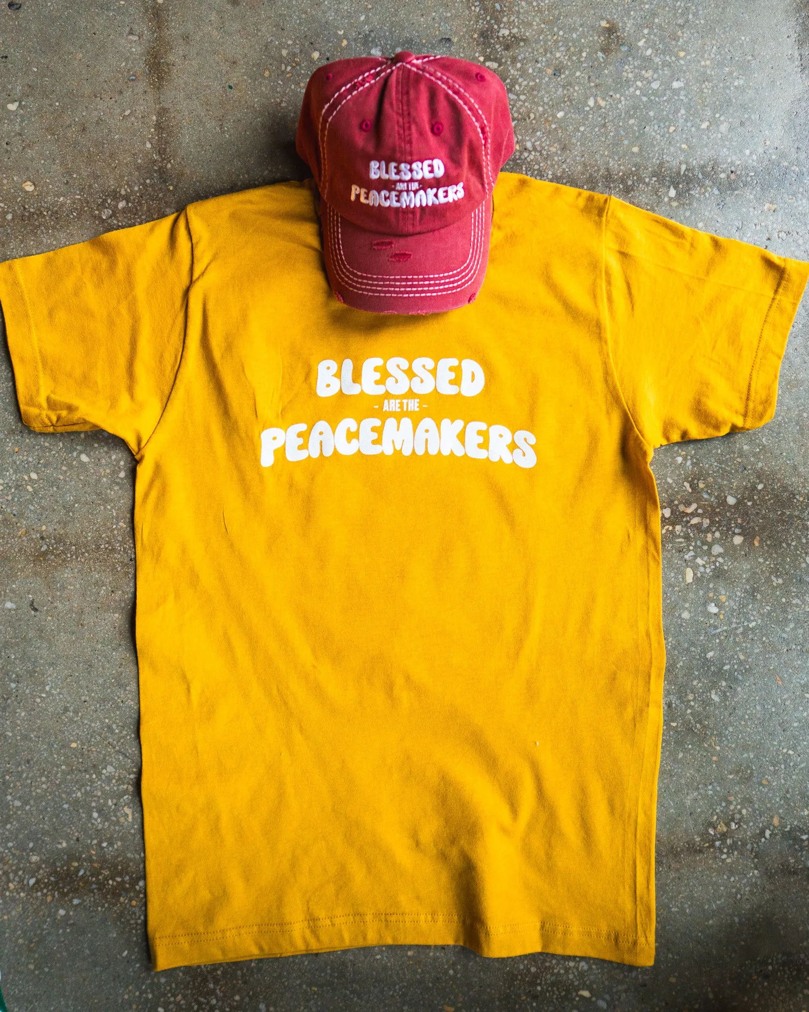 Blessed Are The Peacemakers Adult Box T-Shirt & Maroon Pigment Distressed Hat Bundle