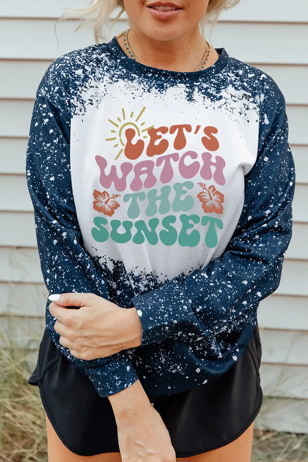 Blue LET\'S WATCH THE SUNSET Graphic Bleached Sweatshirt