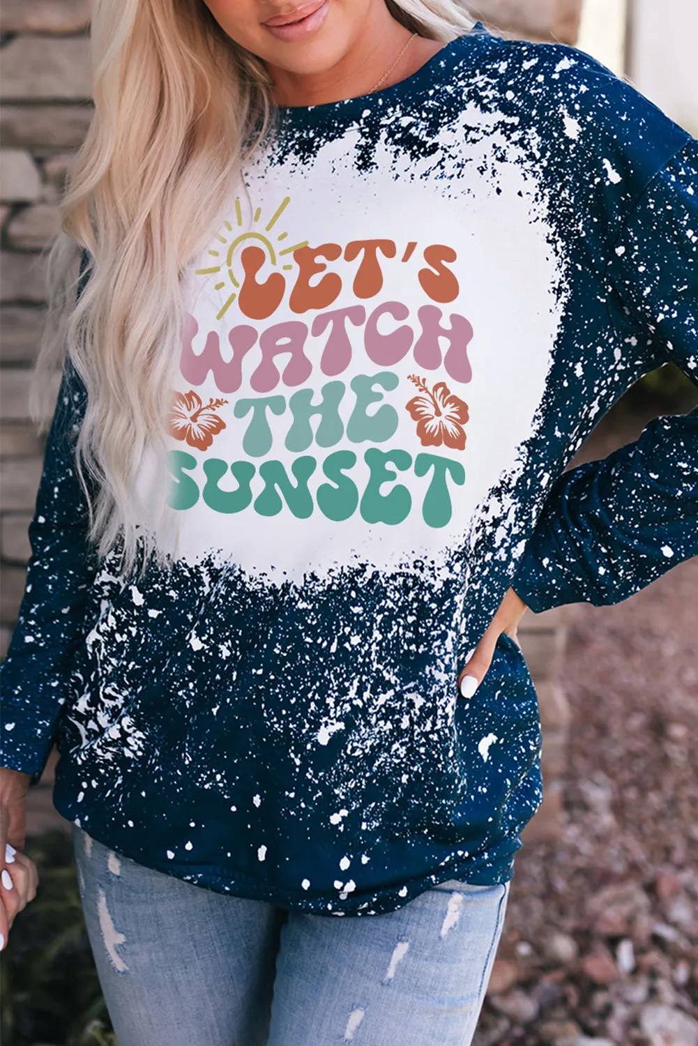 Blue LET\'S WATCH THE SUNSET Graphic Bleached Sweatshirt