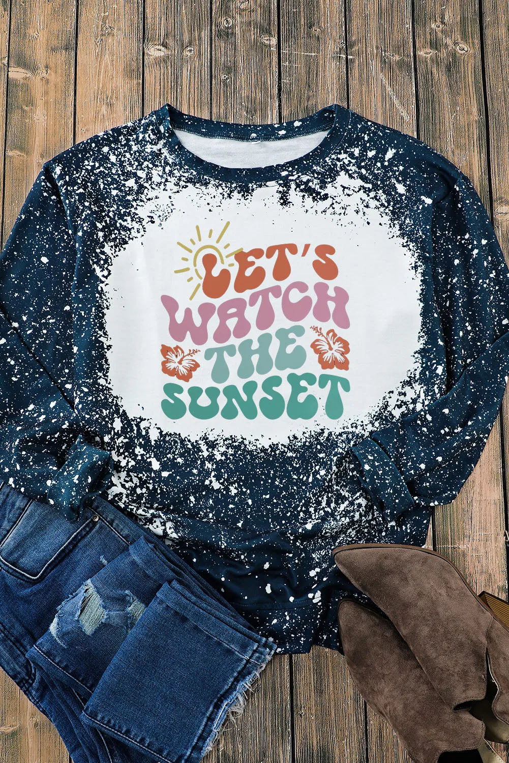 Blue LET\'S WATCH THE SUNSET Graphic Bleached Sweatshirt