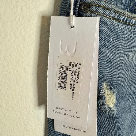 BOYISH The Billy High Rise Skinny Jeans in Great Dictator Blue 23 NWT