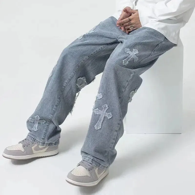 Cross Patchwork Baggy Jeans for Effortlessly Edgy Style