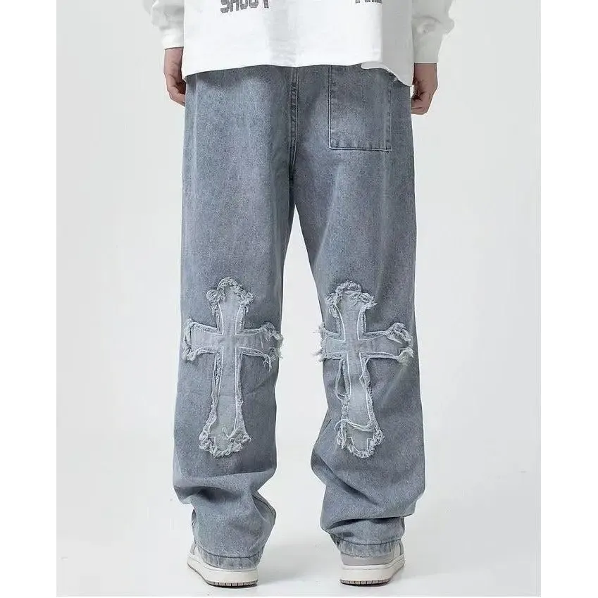 Cross Patchwork Baggy Jeans for Effortlessly Edgy Style