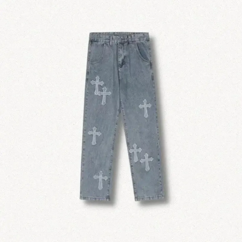 Cross Patchwork Baggy Jeans for Effortlessly Edgy Style