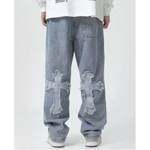 Cross Patchwork Baggy Jeans for Effortlessly Edgy Style