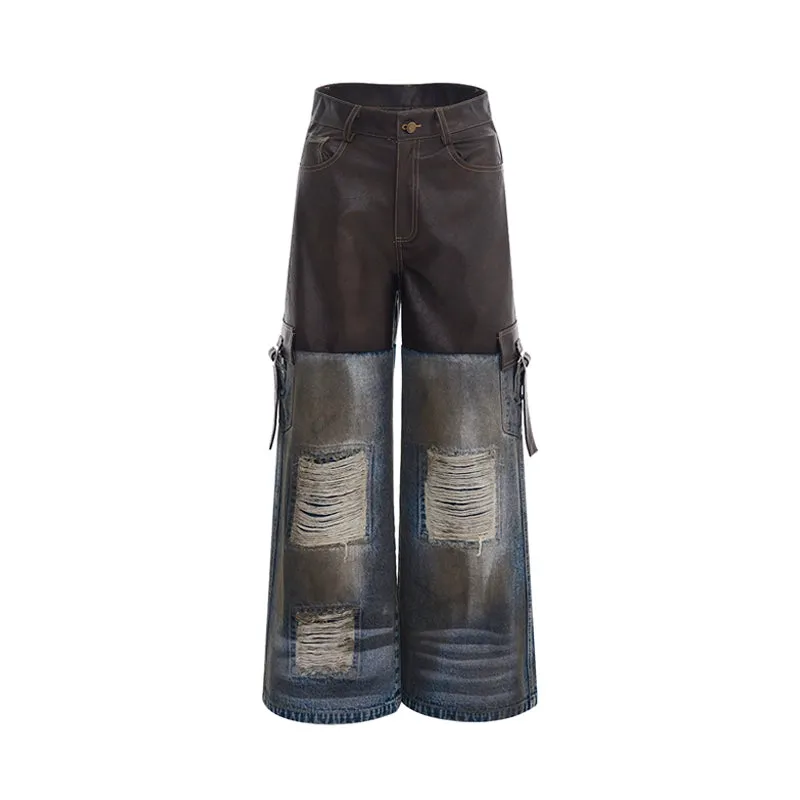 Damaged Denim Leather Patchwork Set