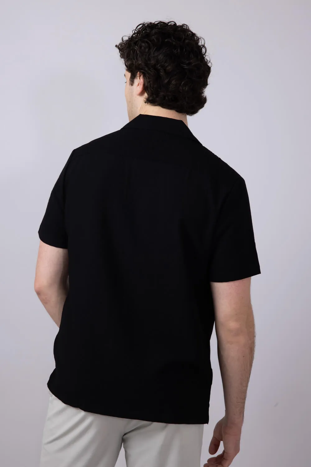 Denim & Flower Textured Button-Down Shirt for Men in Black | CWS-589A