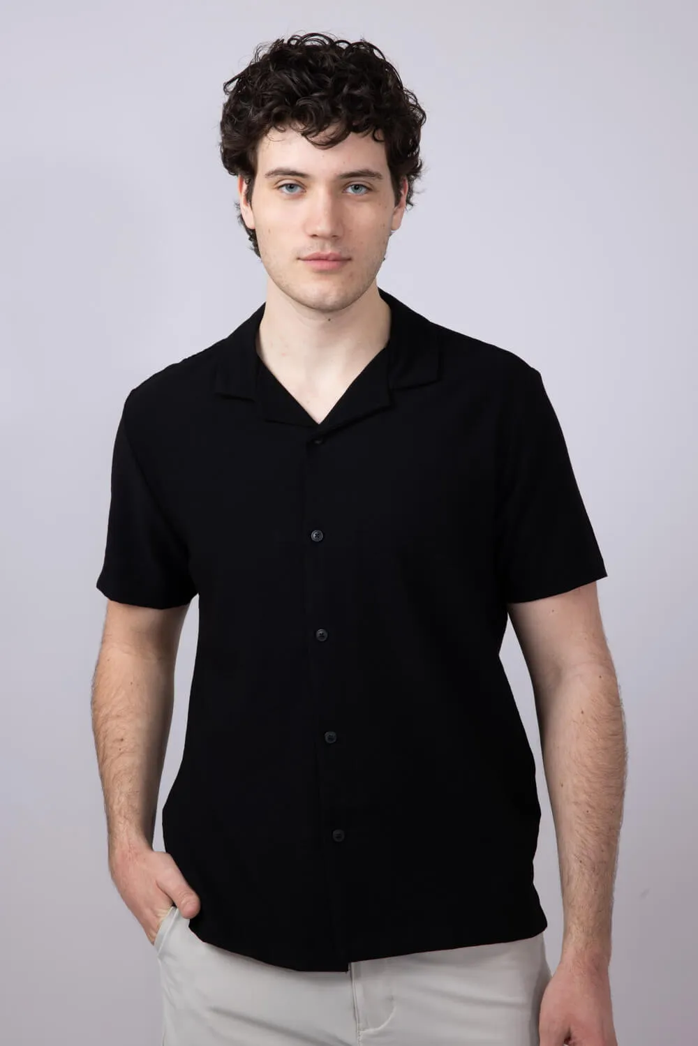 Denim & Flower Textured Button-Down Shirt for Men in Black | CWS-589A