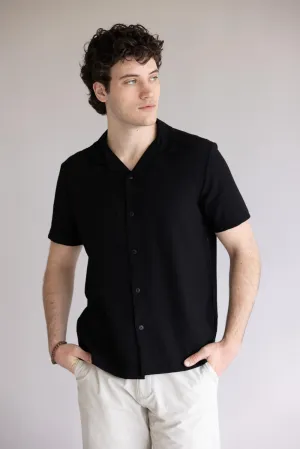 Denim & Flower Textured Button-Down Shirt for Men in Black | CWS-589A