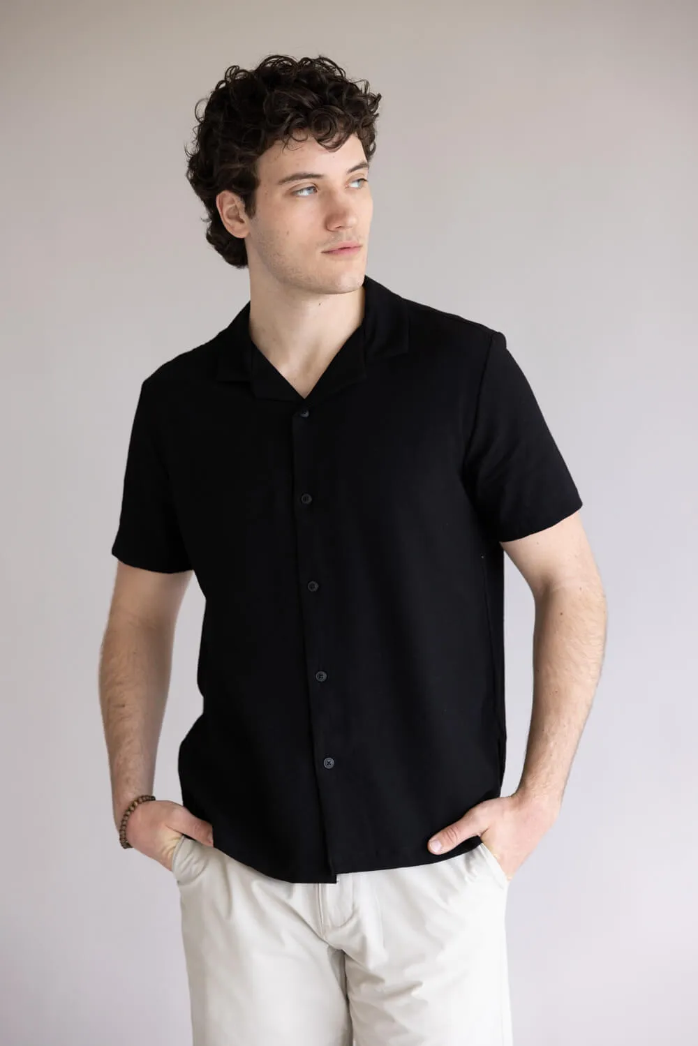 Denim & Flower Textured Button-Down Shirt for Men in Black | CWS-589A