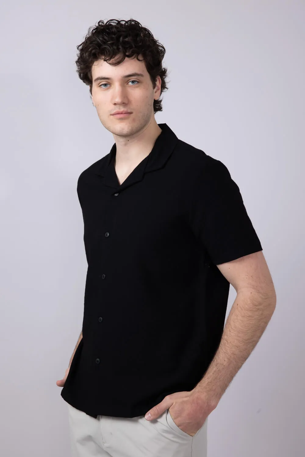Denim & Flower Textured Button-Down Shirt for Men in Black | CWS-589A