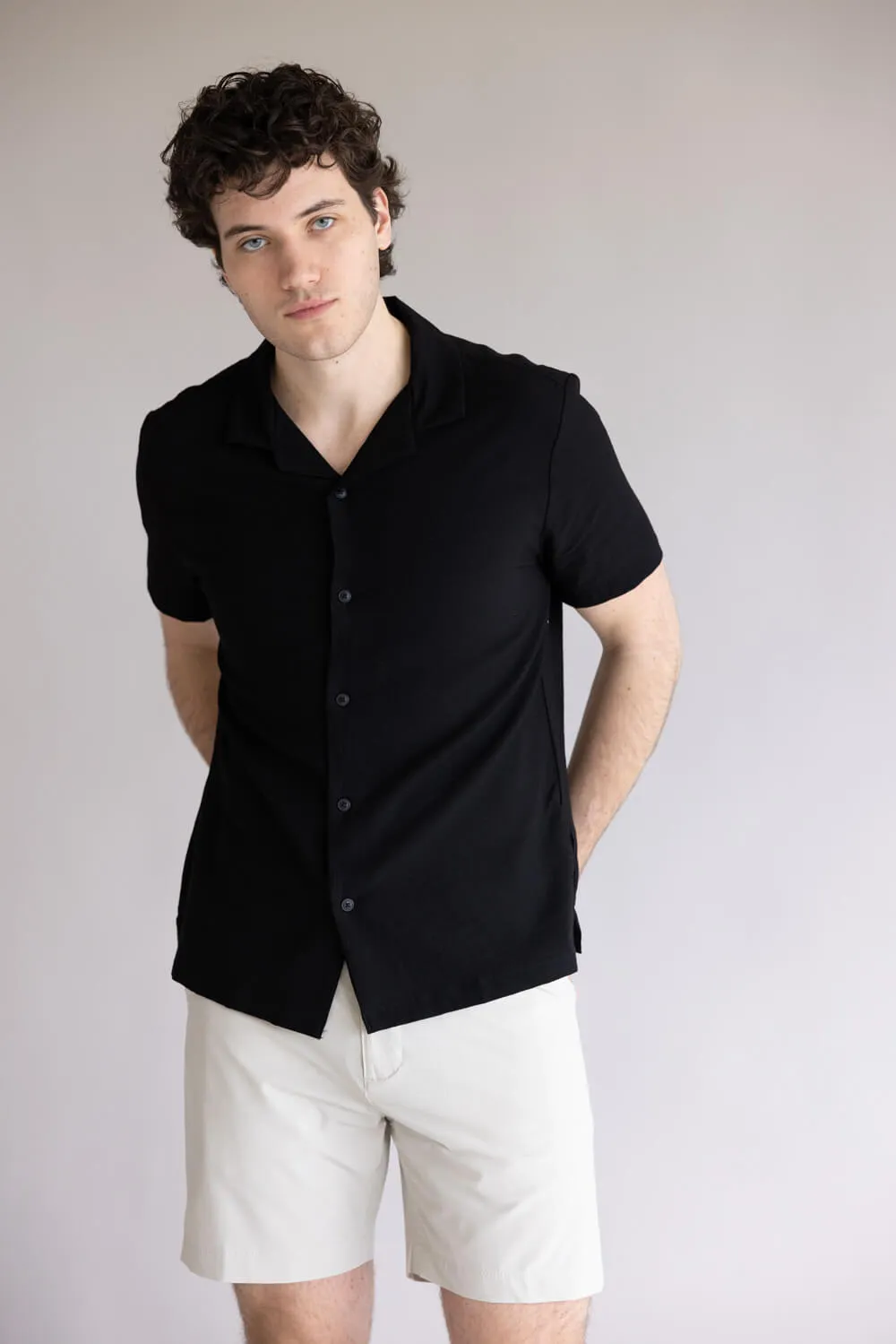 Denim & Flower Textured Button-Down Shirt for Men in Black | CWS-589A