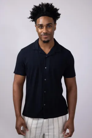 Denim & Flower Textured Knit Button-Down Shirt for Men in Black | KWS-B532