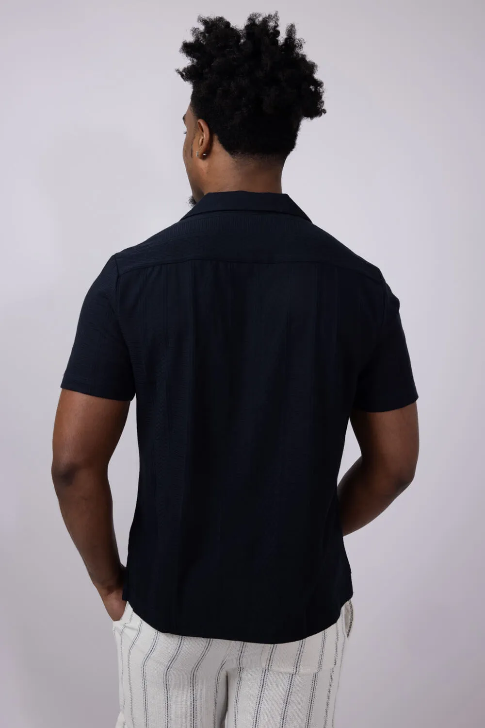 Denim & Flower Textured Knit Button-Down Shirt for Men in Black | KWS-B532