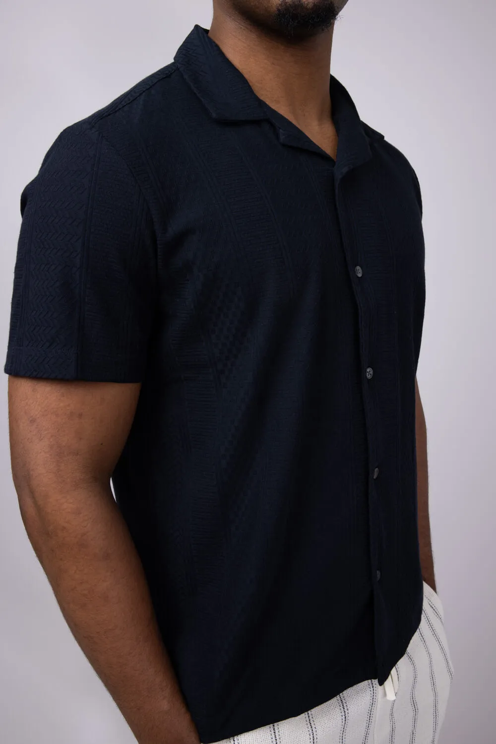 Denim & Flower Textured Knit Button-Down Shirt for Men in Black | KWS-B532