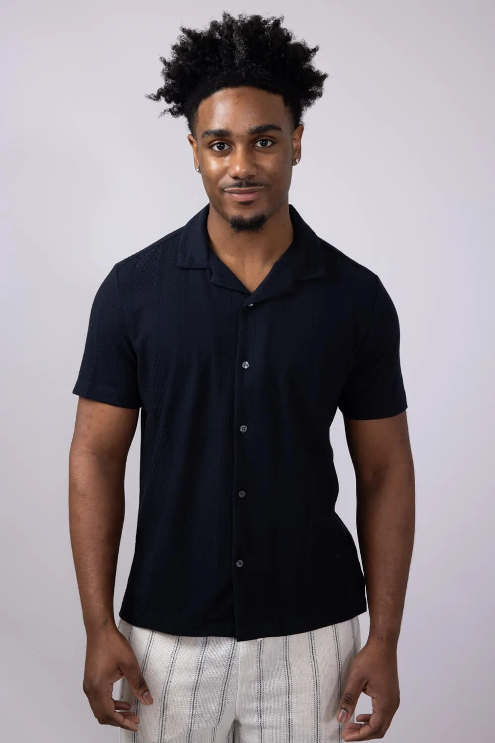 Denim & Flower Textured Knit Button-Down Shirt for Men in Black | KWS-B532