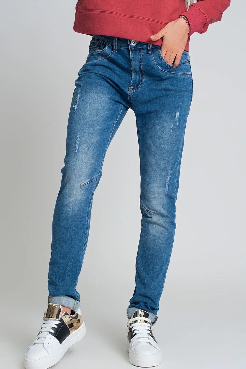 distressed boyfriend jeans  blue denim
