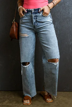 Distressed Raw Hem Straight Jeans