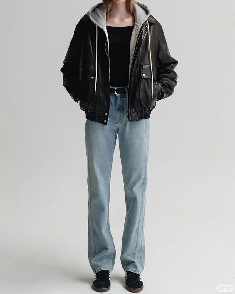 Distressed Sheepskin Loose-fitting Bomber Jacket
