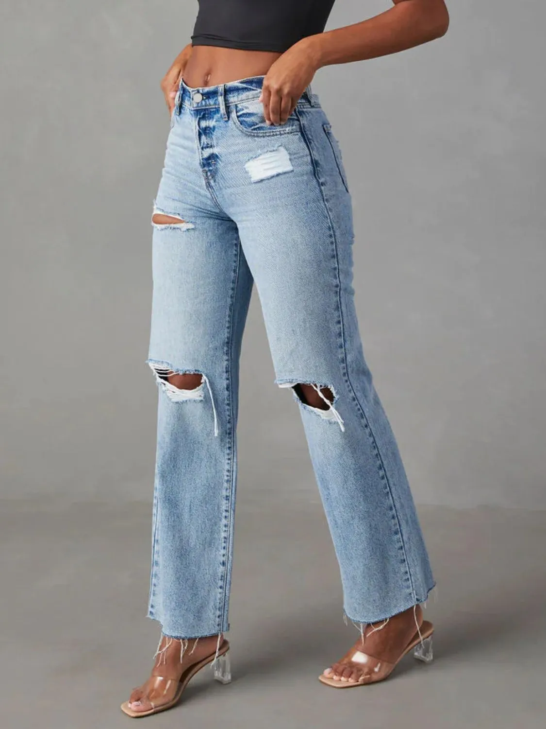 Distressed Straight Leg Jeans with Pockets for Women