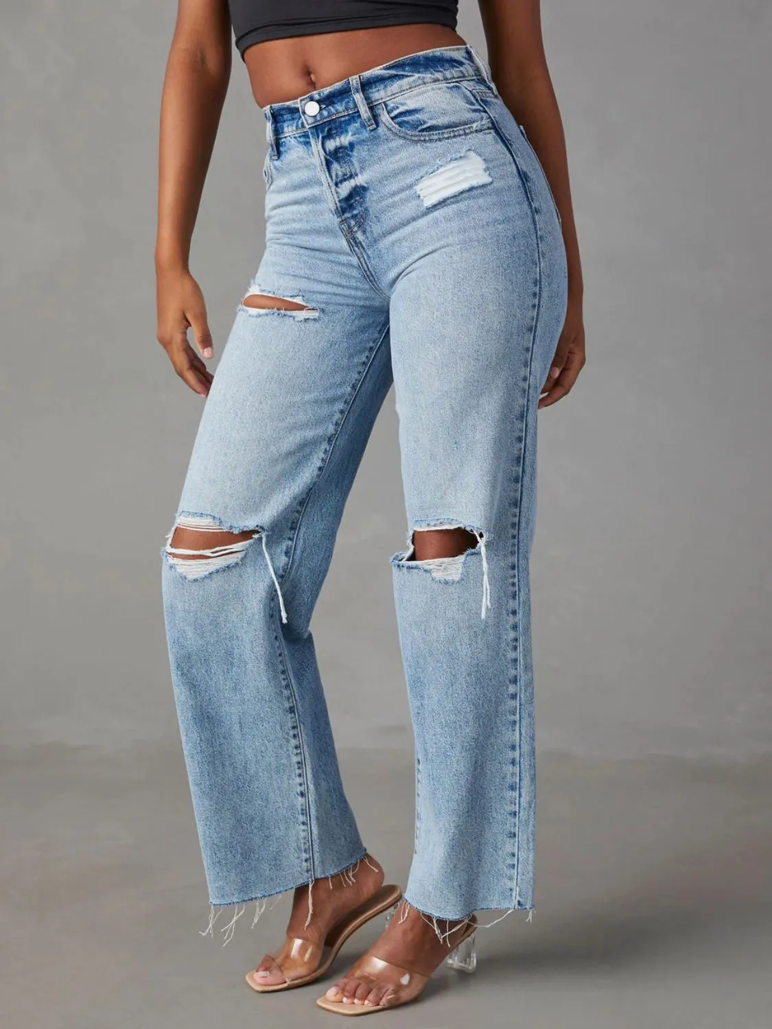 Distressed Straight Leg Jeans with Pockets for Women