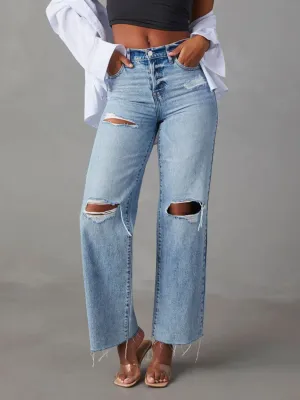 Distressed Straight Leg Jeans with Pockets for Women