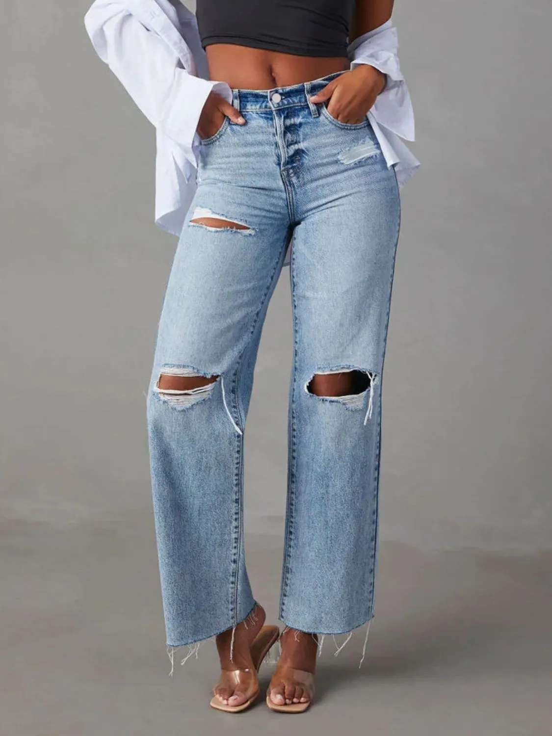 Distressed Straight Leg Jeans with Pockets for Women