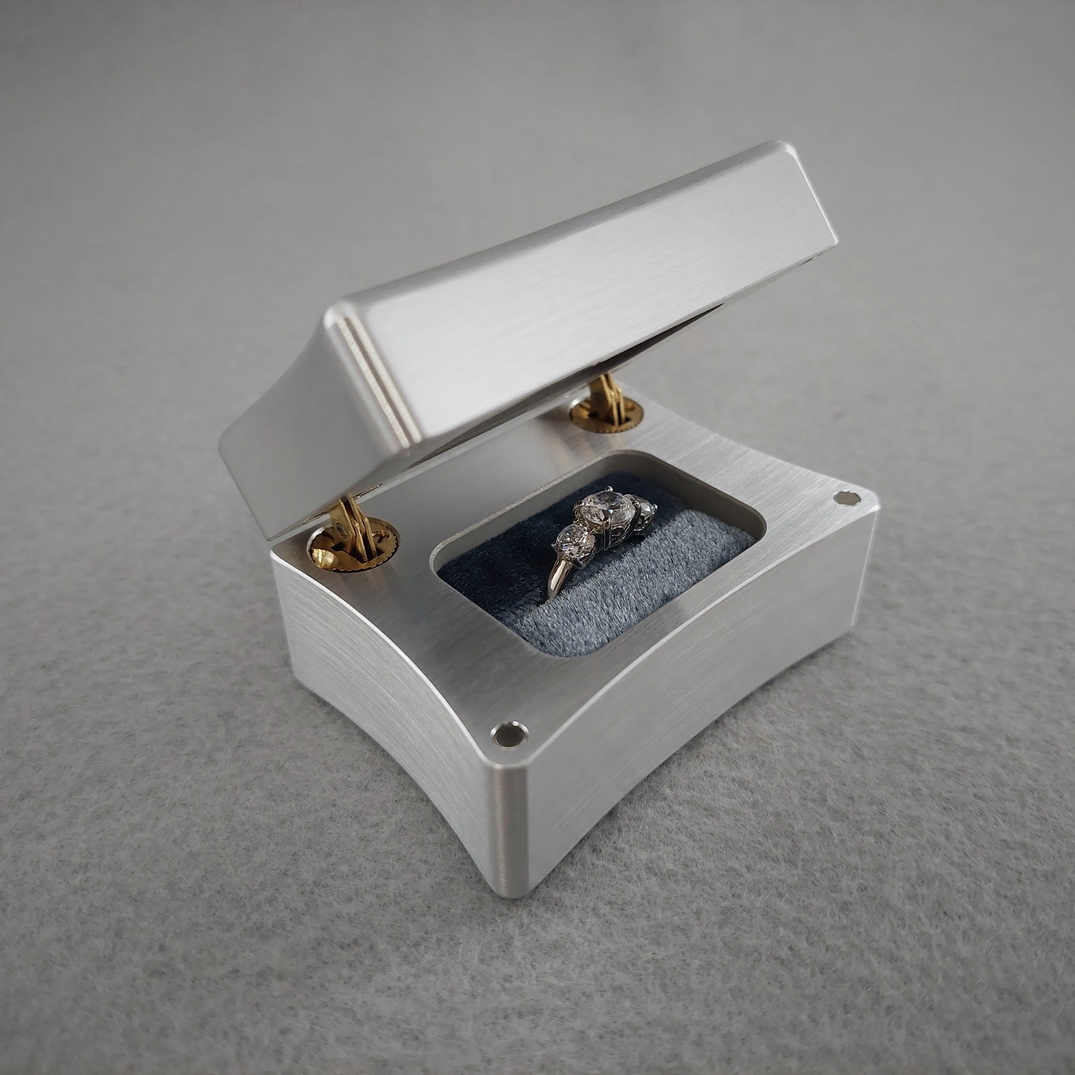 DPCustoms Curvy Clam Shell Engagement Ring Box in Brushed Solid Aluminum and Brass, Featuring Leopardwood, Bloodwood, Zebrawood Inlays