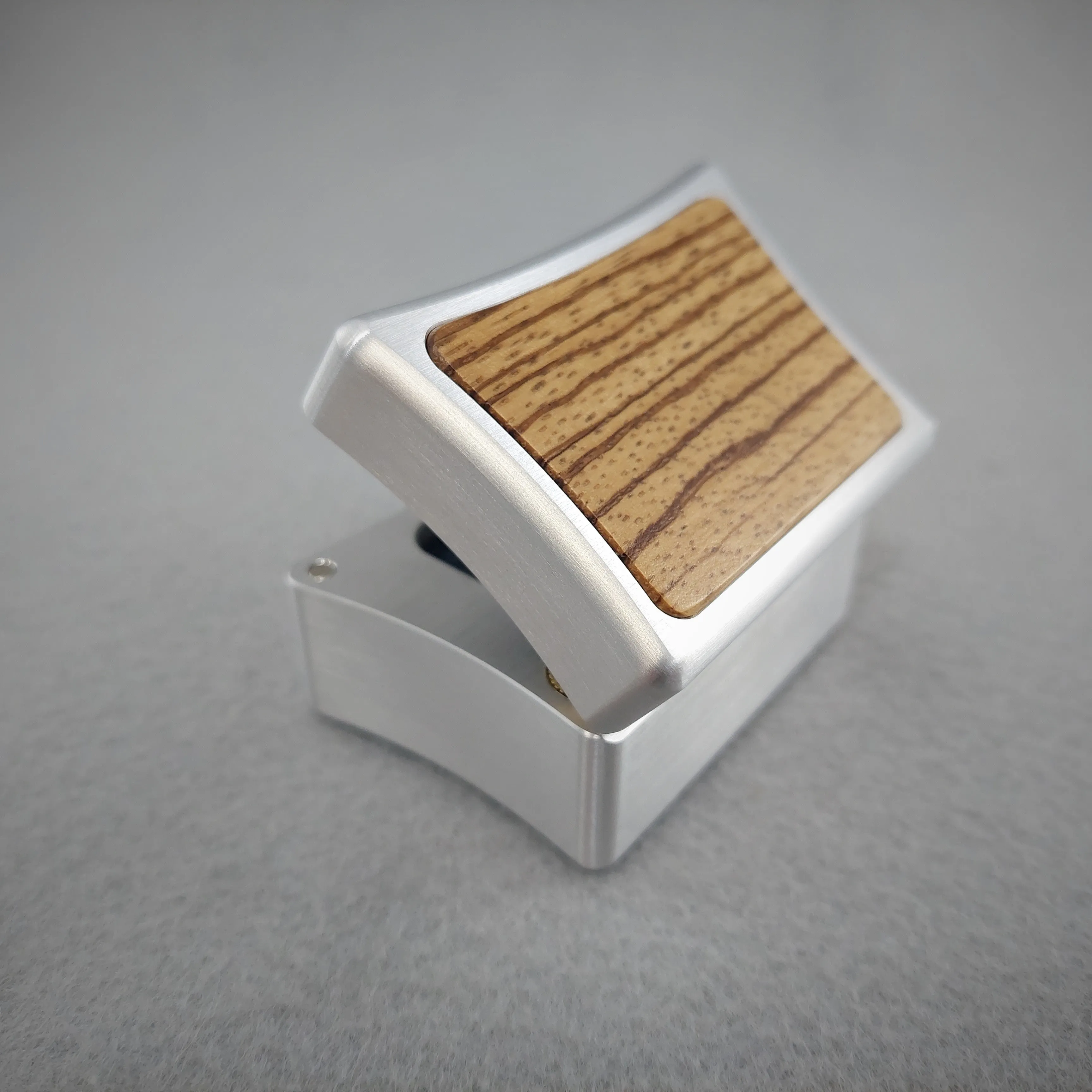 DPCustoms Curvy Clam Shell Engagement Ring Box in Brushed Solid Aluminum and Brass, Featuring Leopardwood, Bloodwood, Zebrawood Inlays
