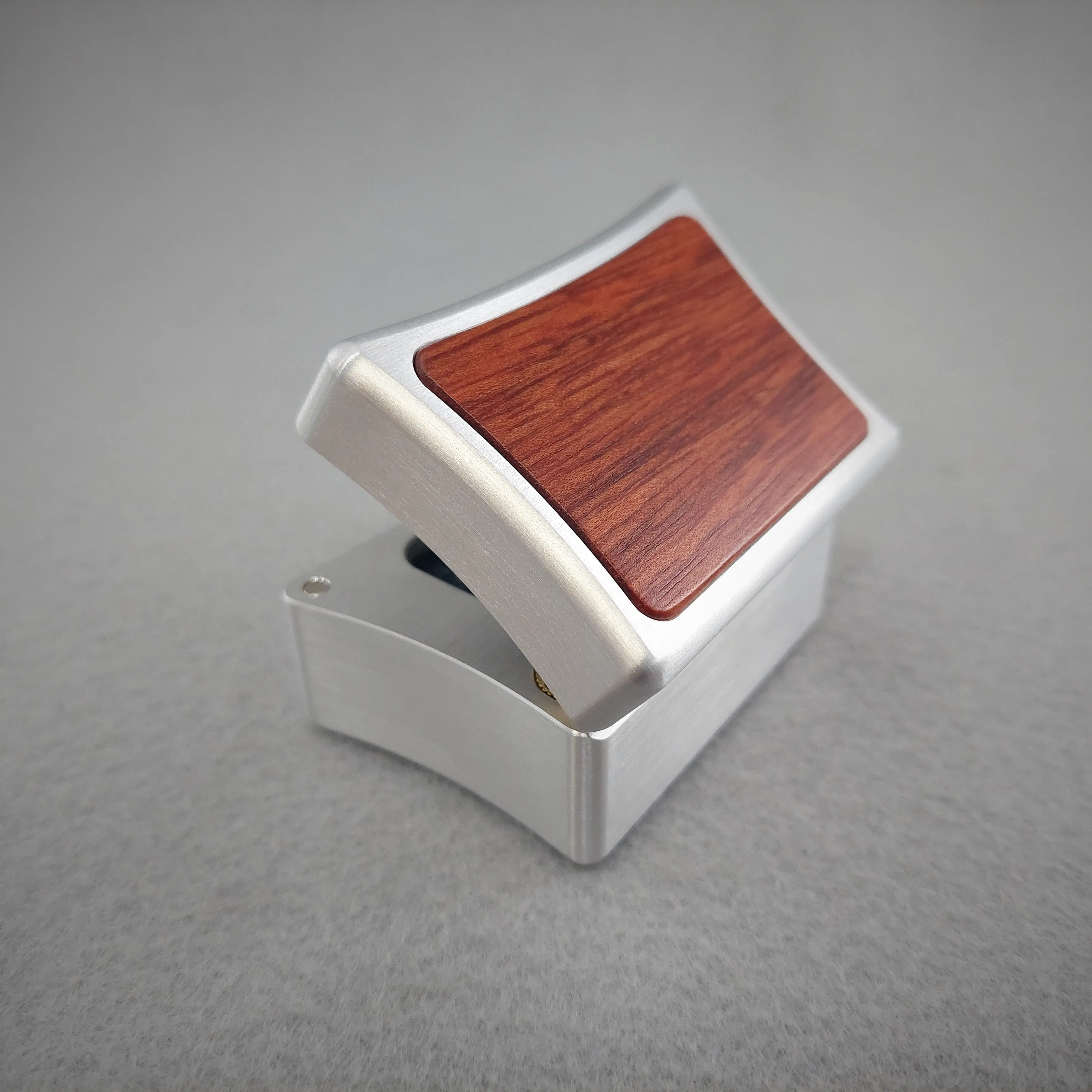 DPCustoms Curvy Clam Shell Engagement Ring Box in Brushed Solid Aluminum and Brass, Featuring Leopardwood, Bloodwood, Zebrawood Inlays