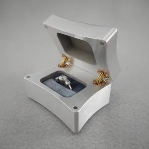 DPCustoms Curvy Clam Shell Engagement Ring Box in Brushed Solid Aluminum and Brass, Featuring Leopardwood, Bloodwood, Zebrawood Inlays