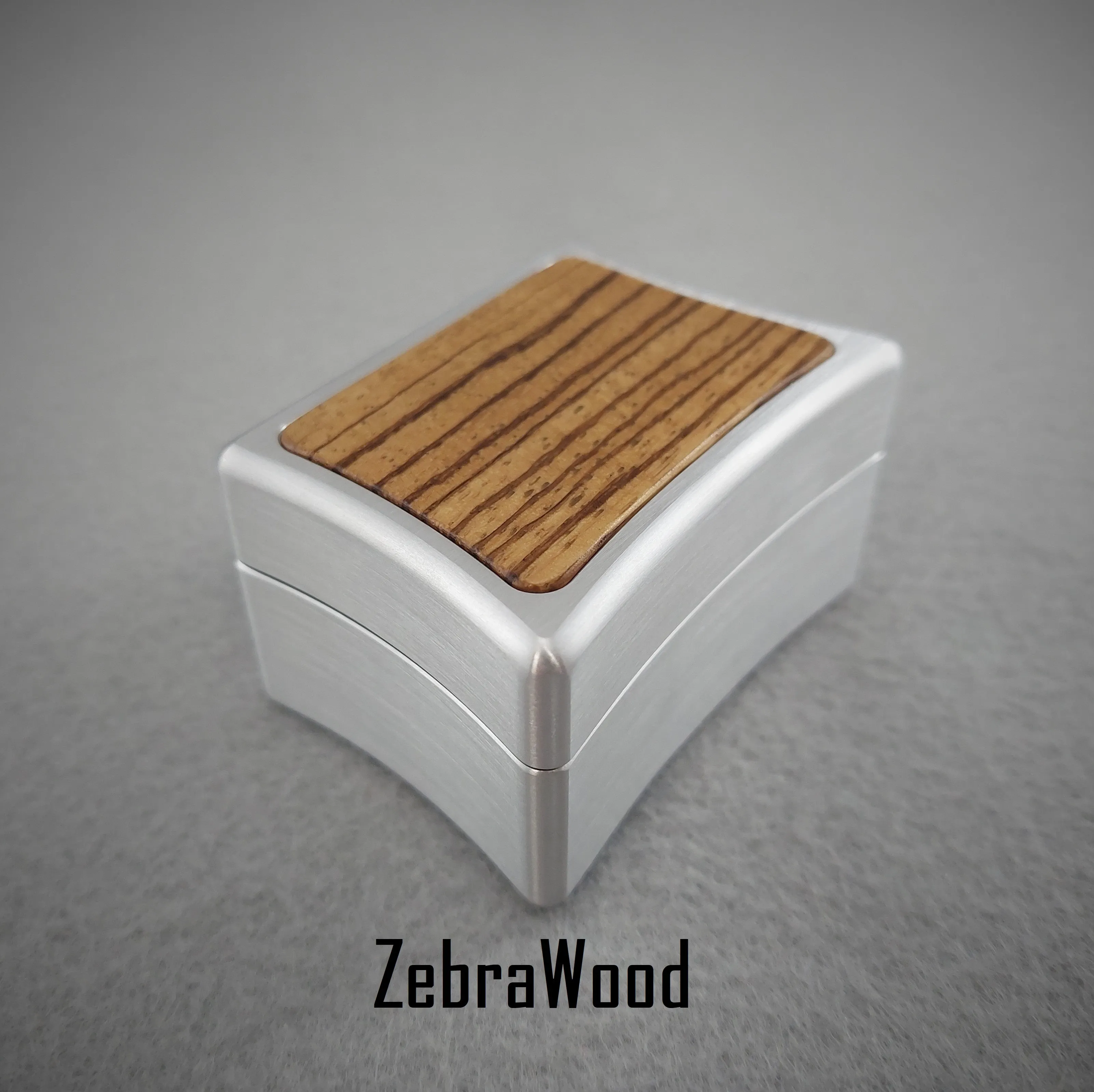 DPCustoms Curvy Clam Shell Engagement Ring Box in Brushed Solid Aluminum and Brass, Featuring Leopardwood, Bloodwood, Zebrawood Inlays