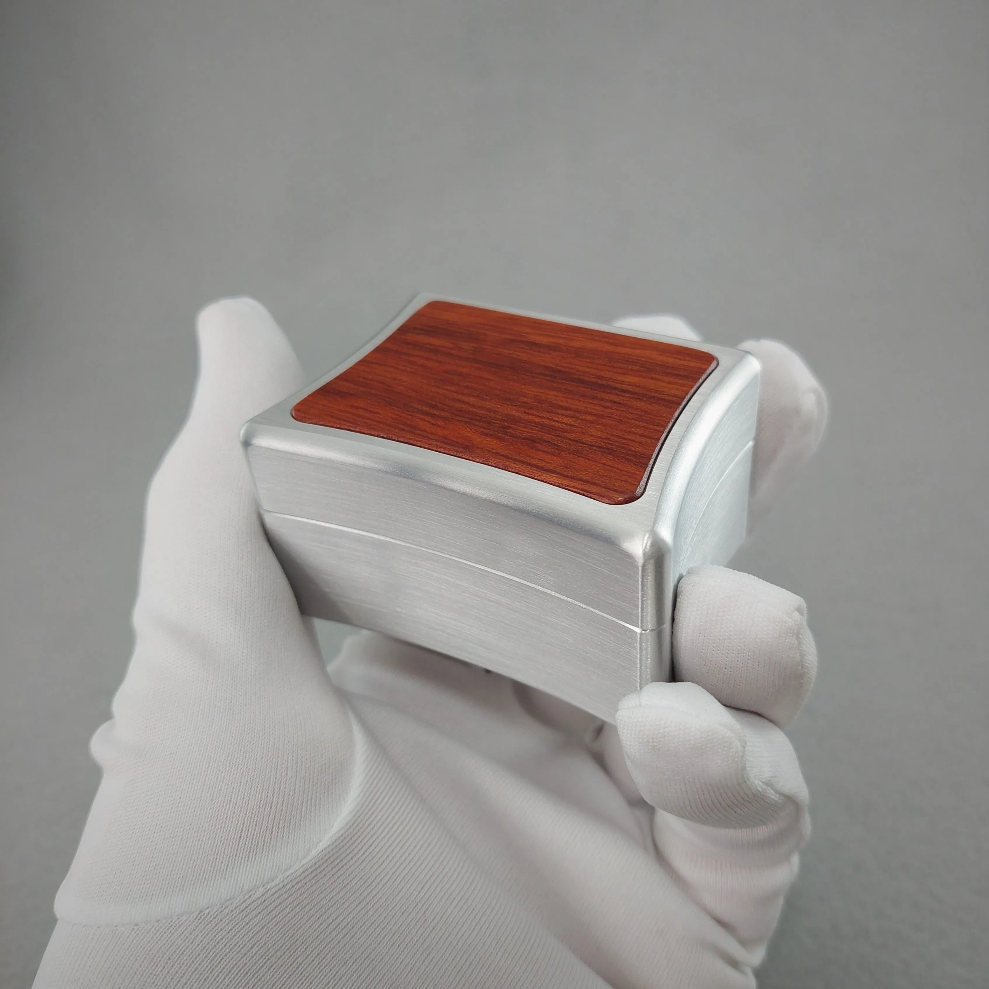 DPCustoms Curvy Clam Shell Engagement Ring Box in Brushed Solid Aluminum and Brass, Featuring Leopardwood, Bloodwood, Zebrawood Inlays