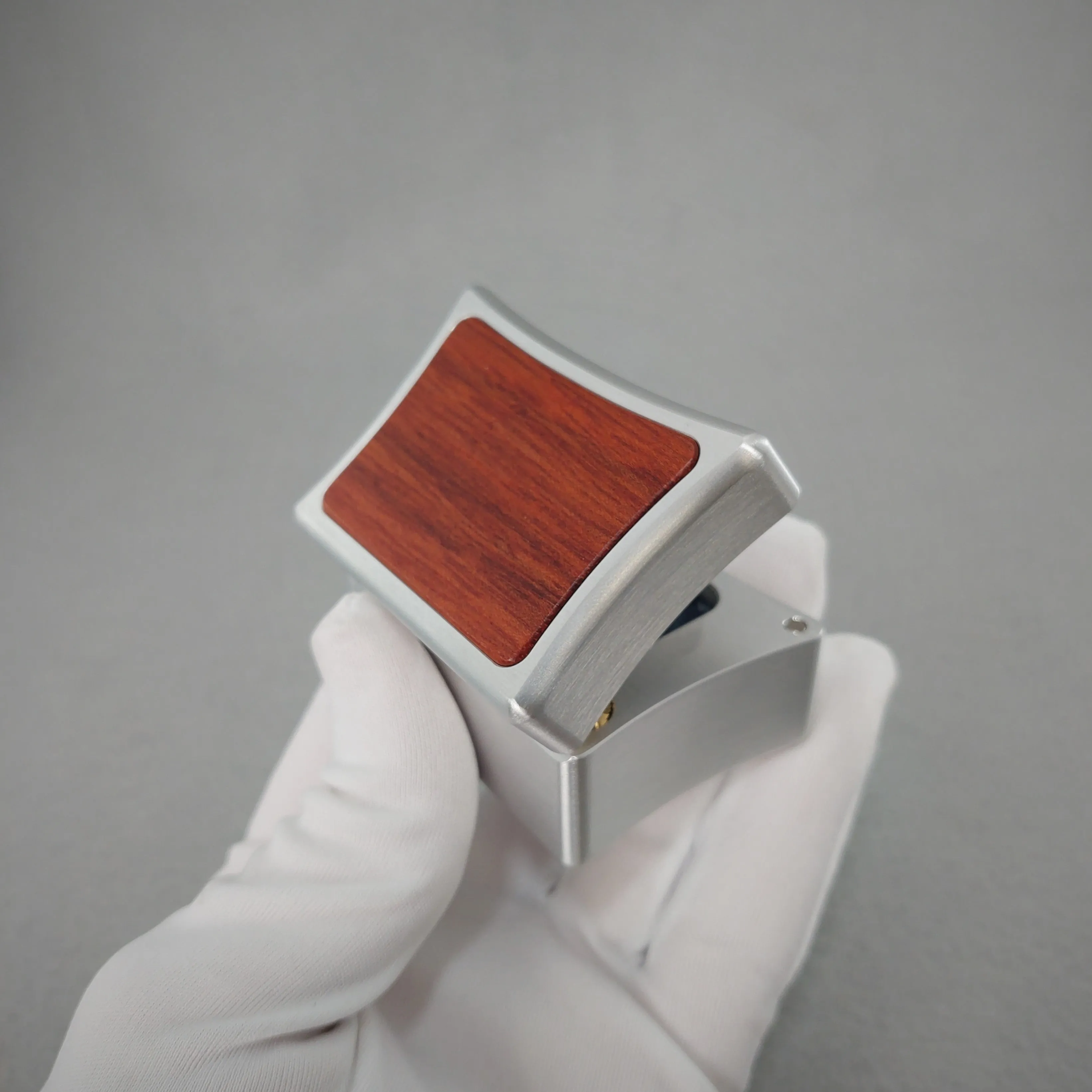 DPCustoms Curvy Clam Shell Engagement Ring Box in Brushed Solid Aluminum and Brass, Featuring Leopardwood, Bloodwood, Zebrawood Inlays