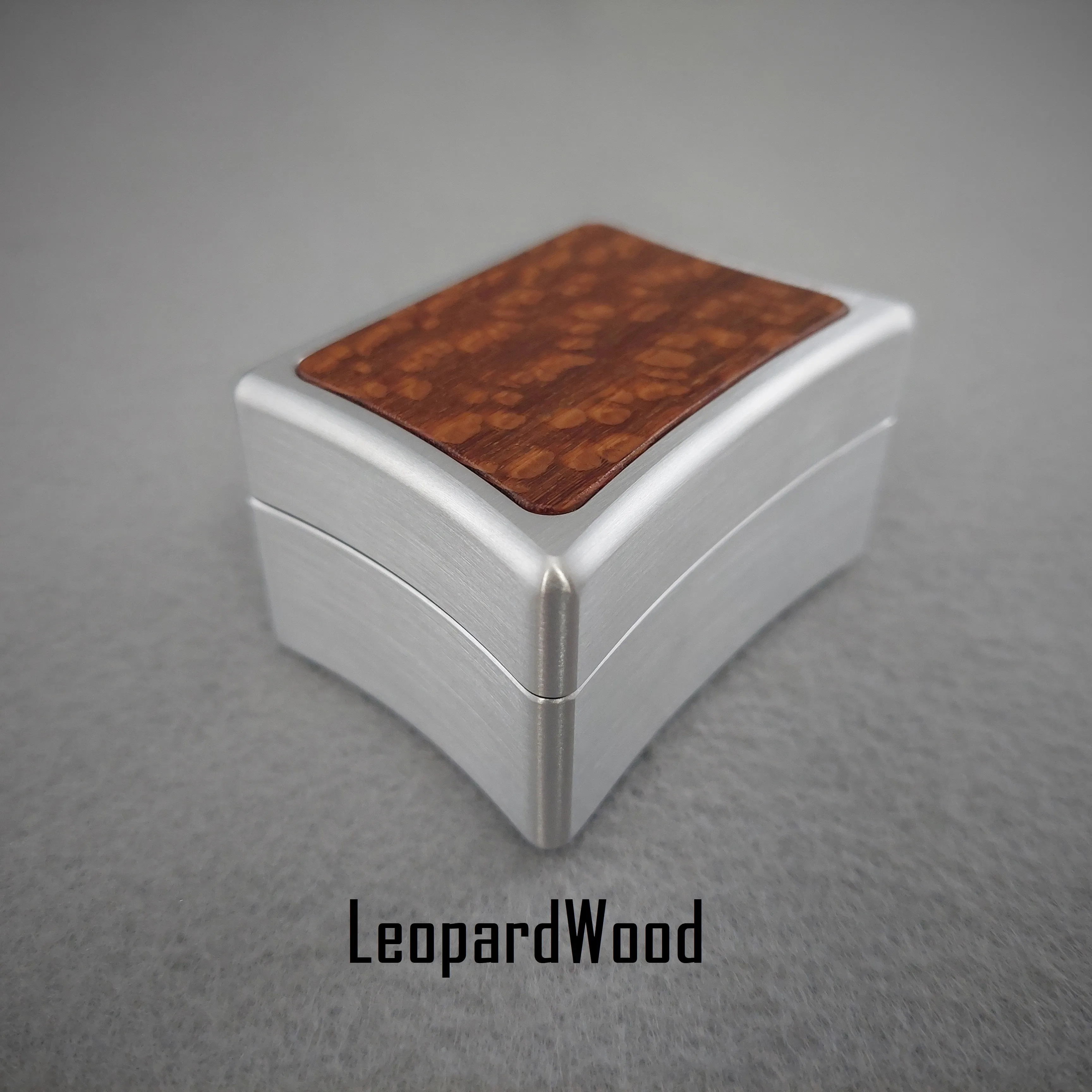 DPCustoms Curvy Clam Shell Engagement Ring Box in Brushed Solid Aluminum and Brass, Featuring Leopardwood, Bloodwood, Zebrawood Inlays