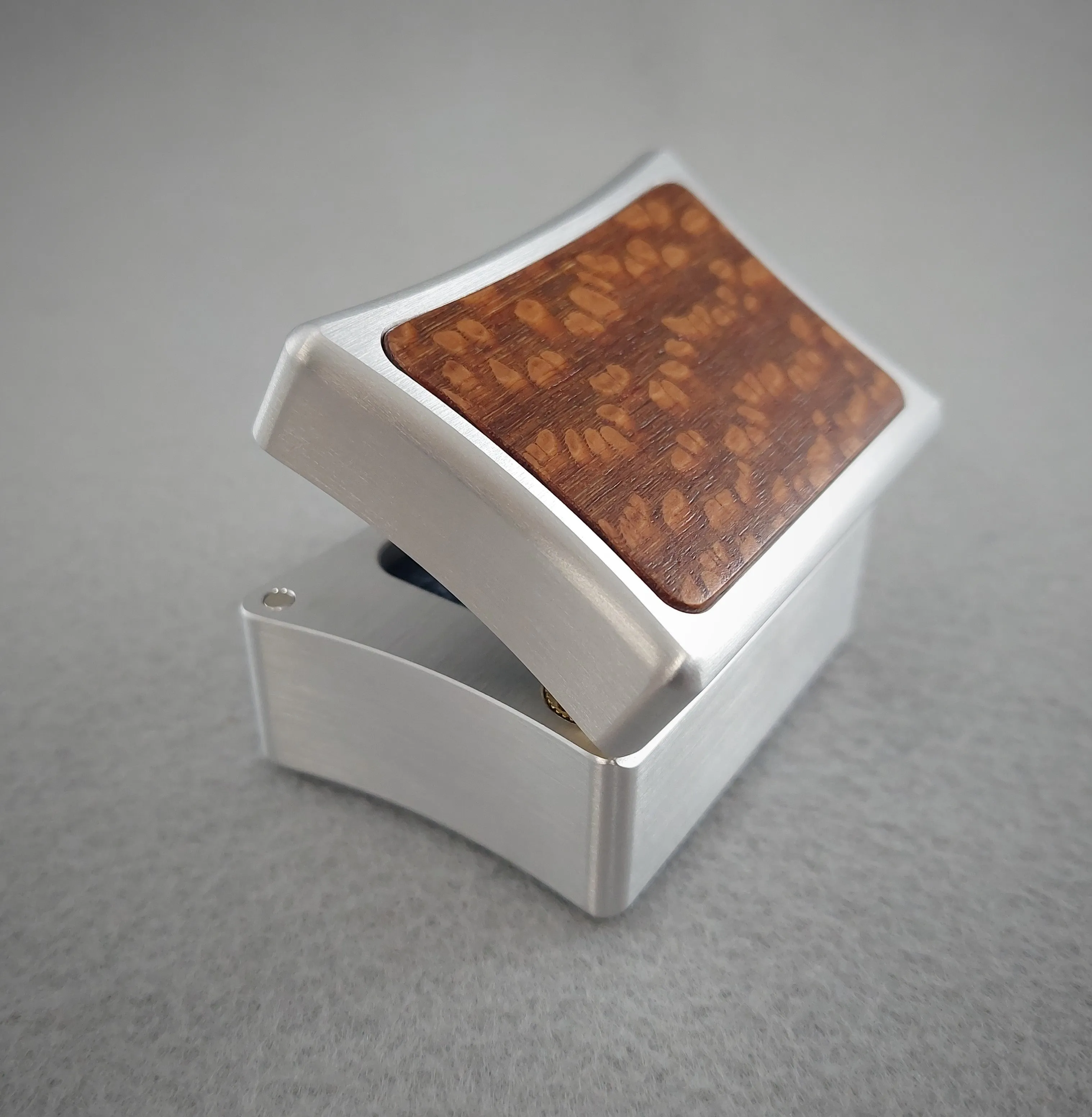 DPCustoms Curvy Clam Shell Engagement Ring Box in Brushed Solid Aluminum and Brass, Featuring Leopardwood, Bloodwood, Zebrawood Inlays
