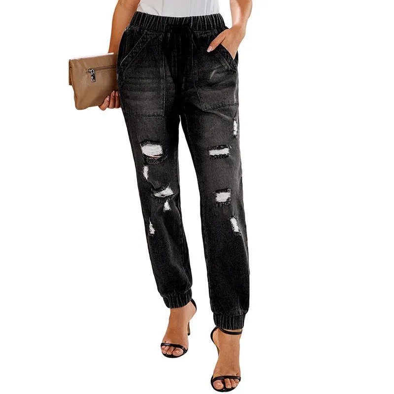 Drawstring elastic ripped jeans，Denim Distressed Joggers