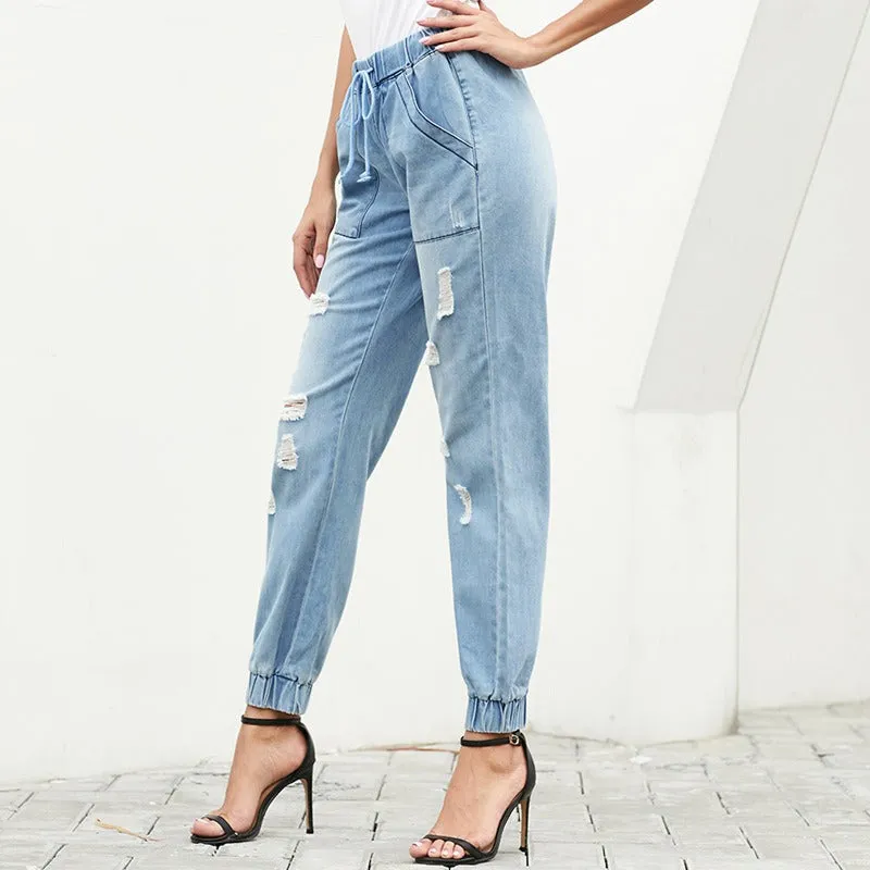 Drawstring elastic ripped jeans，Denim Distressed Joggers