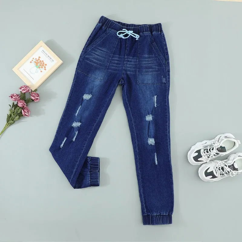 Drawstring elastic ripped jeans，Denim Distressed Joggers