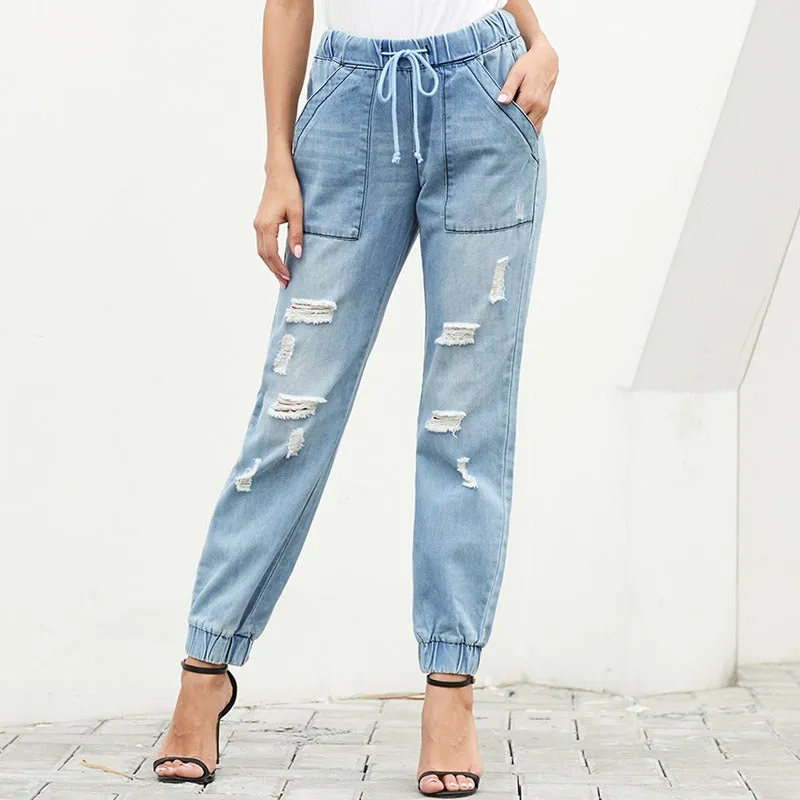 Drawstring elastic ripped jeans，Denim Distressed Joggers