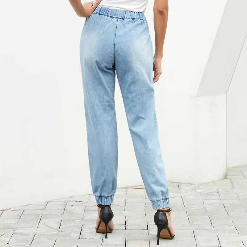 Drawstring elastic ripped jeans，Denim Distressed Joggers