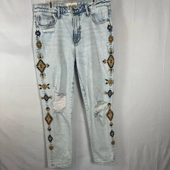 Driftwood Jeans Women’s Gizelle Geometric Embroidered Light Wash Ripped Ankle 29