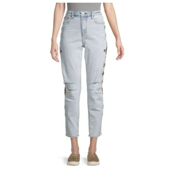 Driftwood Jeans Women’s Gizelle Geometric Embroidered Light Wash Ripped Ankle 29