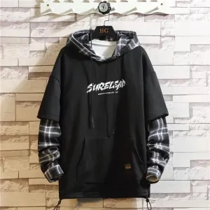 Elegant Autumn Spring Black Hoodies Men's Sweatshirts Punk Streetwear Casual Pullover Fleece Hoodie Men Contrast Color Design Pullover Long Sleeve Hoodie
