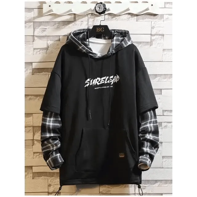 Elegant Autumn Spring Black Hoodies Men's Sweatshirts Punk Streetwear Casual Pullover Fleece Hoodie Men Contrast Color Design Pullover Long Sleeve Hoodie