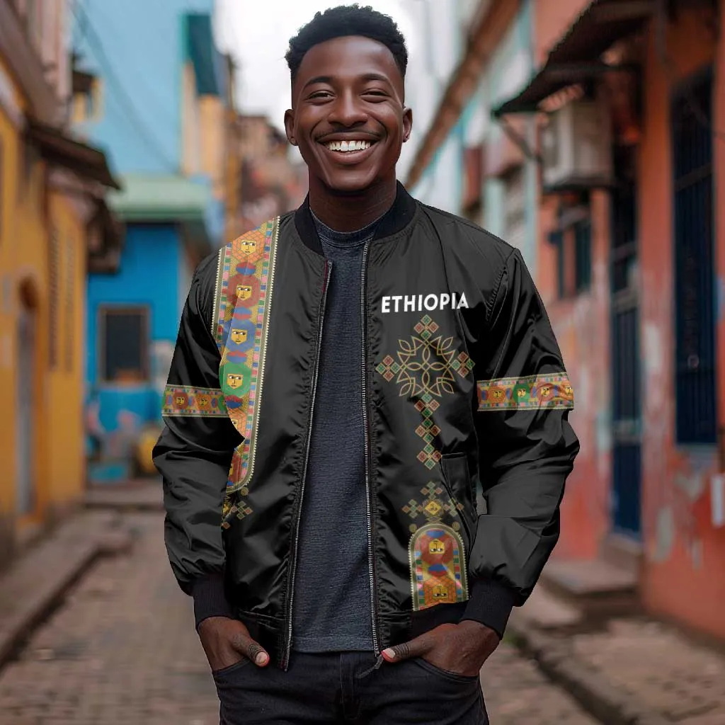 Ethiopia Saba Kemis Bomber Jacket Lion Of Judah Black Color LT15